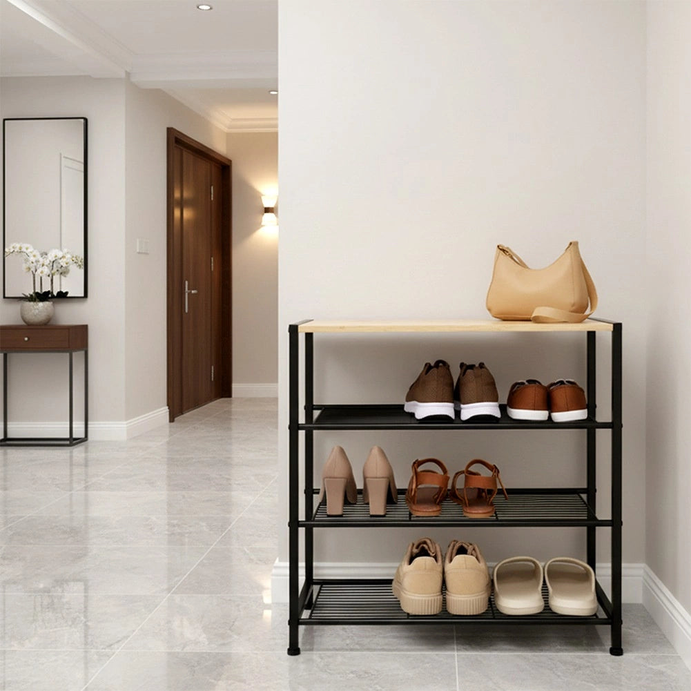 Shoe Rack Black Metal 4-Tier with Shelf 60x30x57 cm