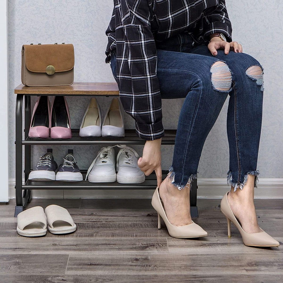Shoe Rack with Seat, Industrial Style, 2 Shelves
