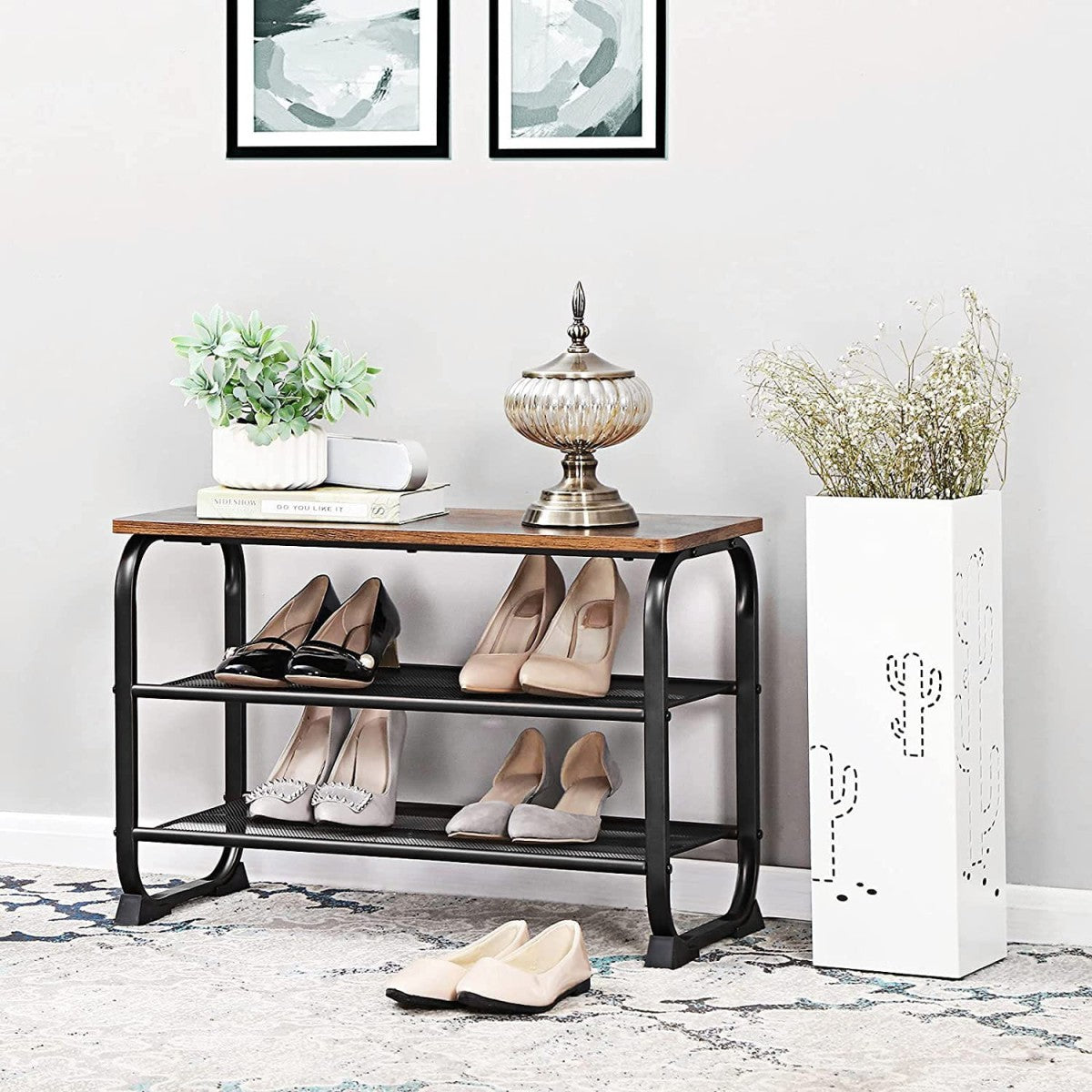 Shoe Rack with Seat, Industrial Style, 2 Shelves