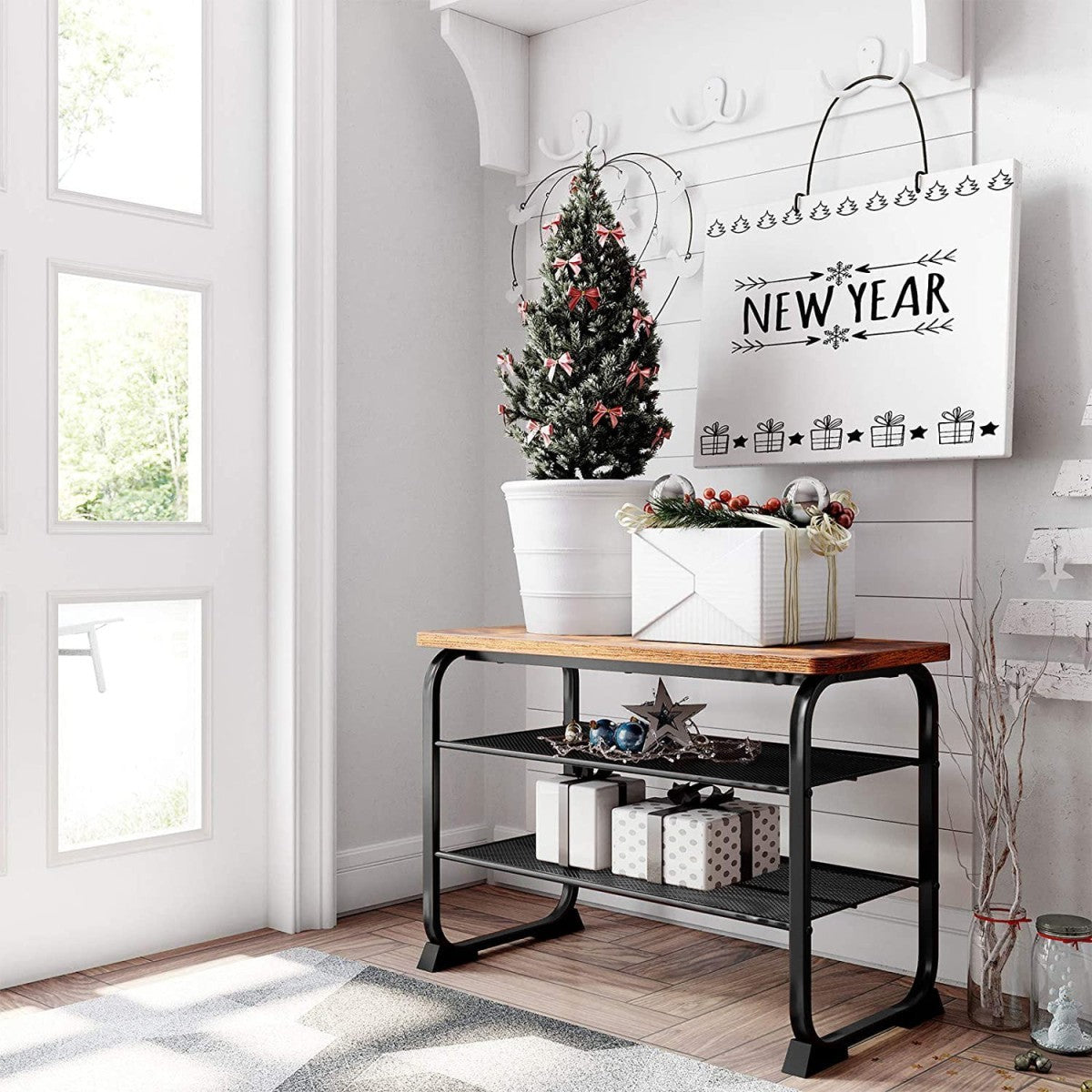 Shoe Rack with Seat, Industrial Style, 2 Shelves