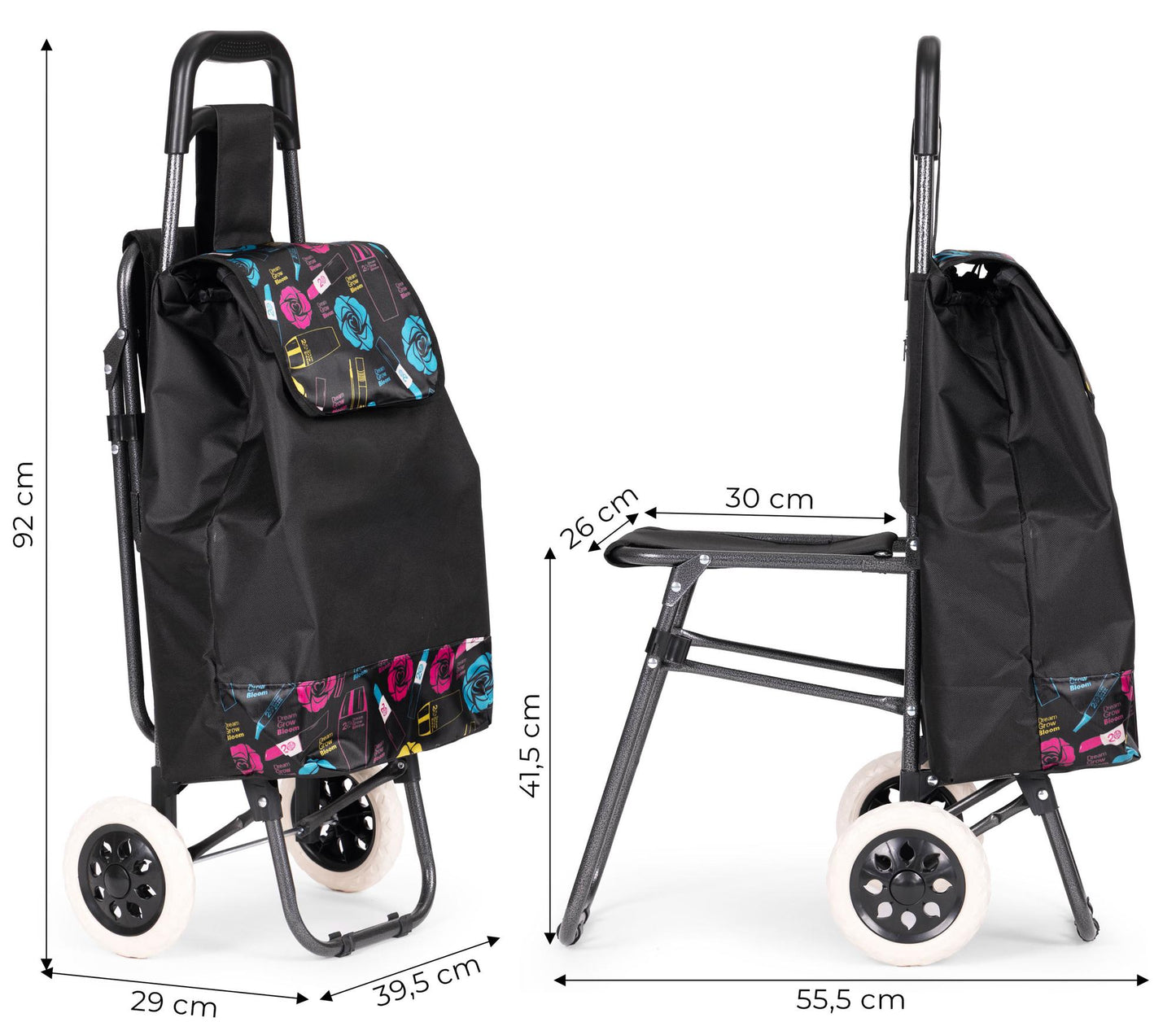 Shopping Trolley with Seat, 30L, Large Wheels, Foldable