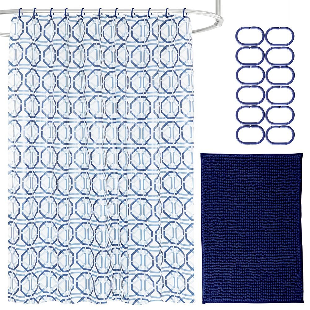 Shower Curtain & Bathroom Rug - Complete Set with 12 Hooks