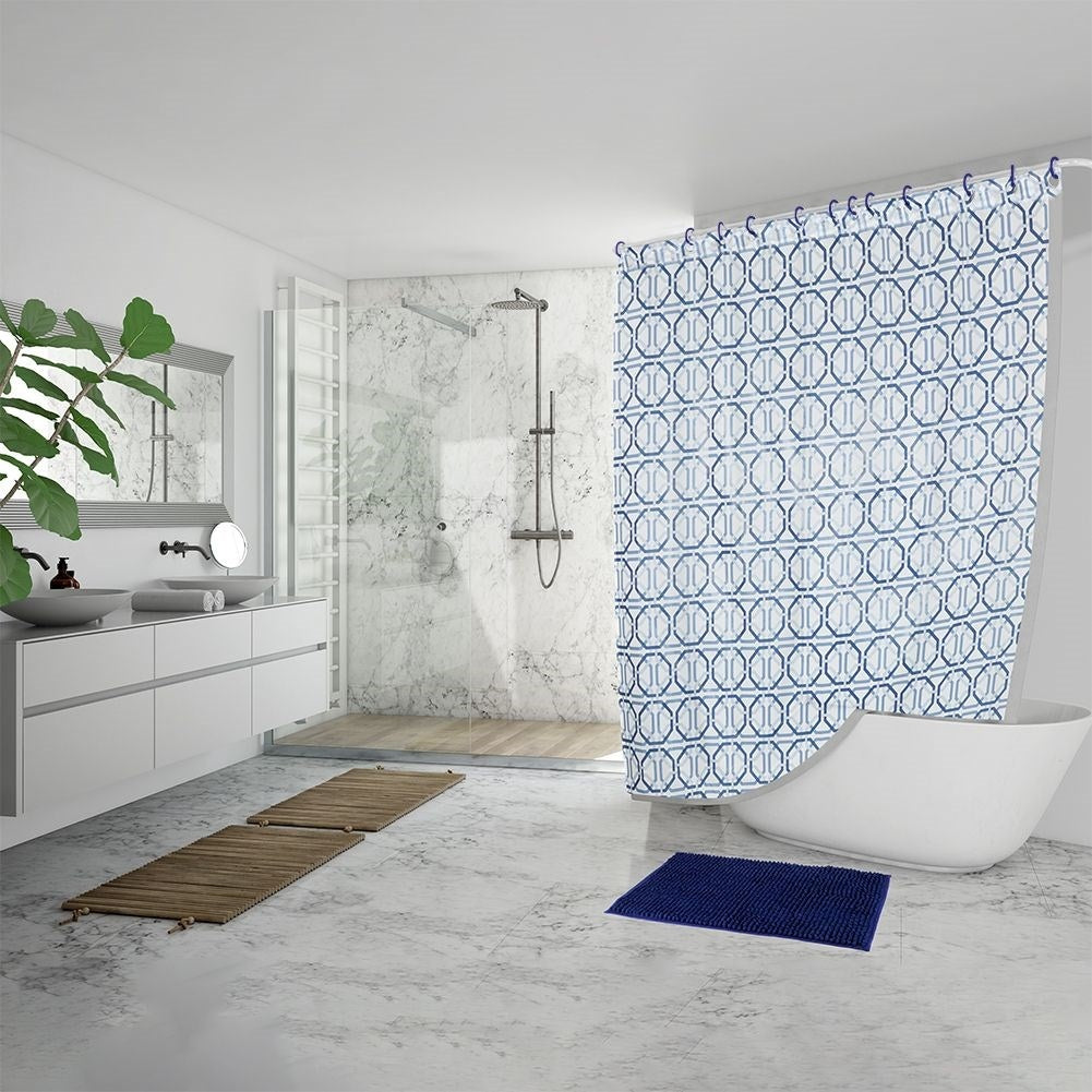 Shower Curtain & Bathroom Rug - Complete Set with 12 Hooks