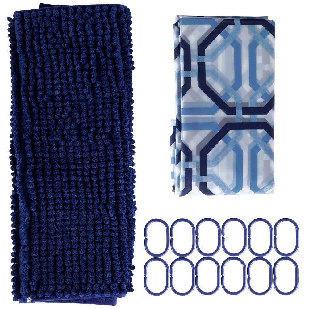 Shower Curtain & Bathroom Rug - Complete Set with 12 Hooks