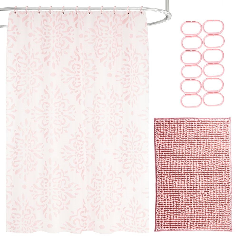Shower curtain & bathroom mat set - durable material, 12 hooks