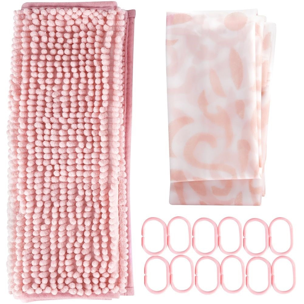 Shower curtain & bathroom mat set - durable material, 12 hooks