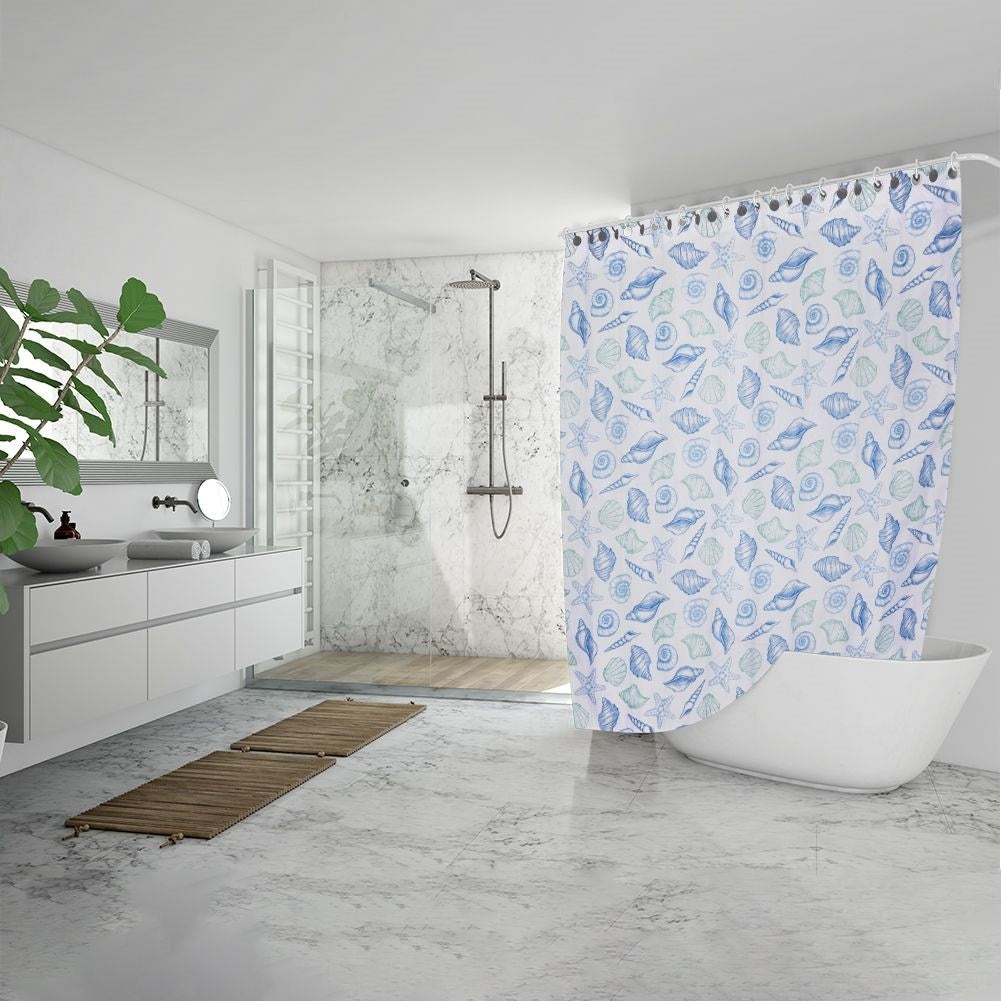 Shower curtain with seashell, durable, 12 hooks, waterproof