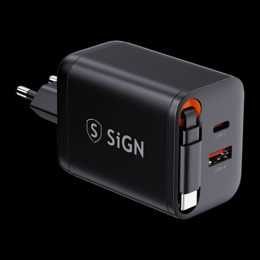 SiGN GaN Fast Charger USB-C/USB-A 40W with extendable USB-C cable - Black
