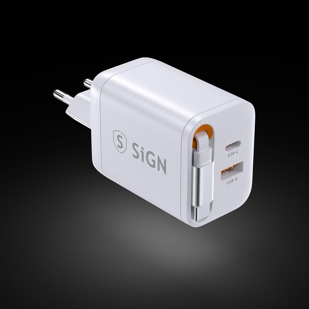 SiGN GaN Fast Charger USB-C/USB-A 40W with extendable USB-C cable - White