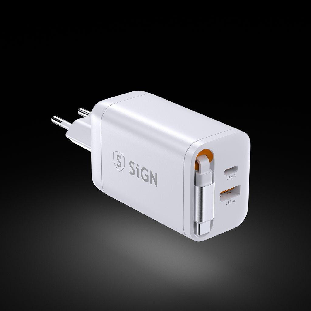 SiGN GaN Fast Charger USB-C/USB-A 65W with extendable USB-C cable - White