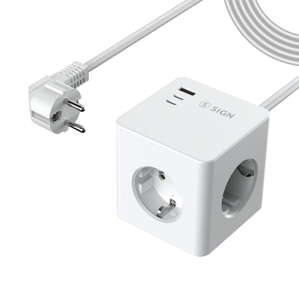 SiGN PowerCombo Cube Wall Charger 3680w, 2x USB-C, 1x USB-A, 3x AC, 16A - 20W, White