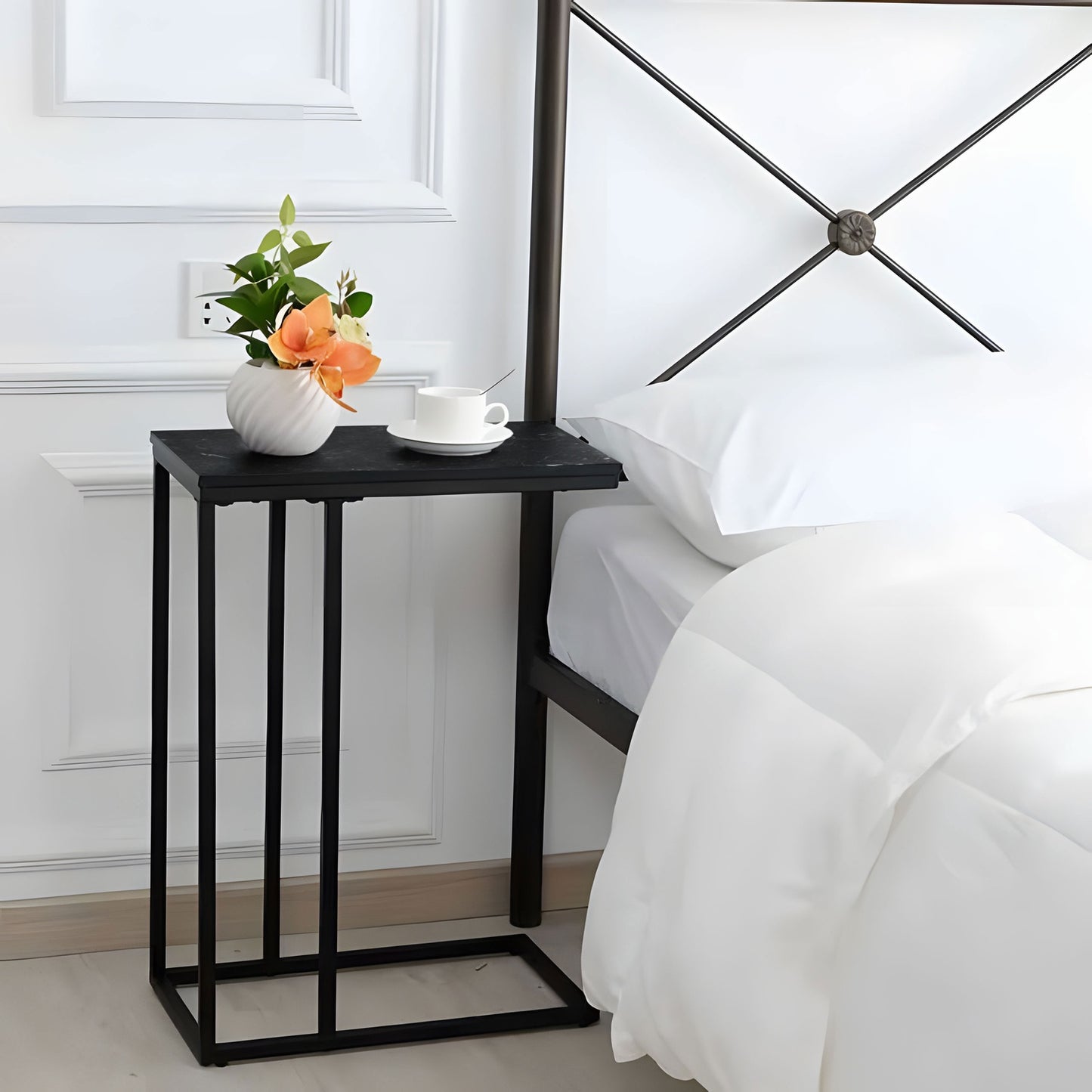 Side table for laptop, coffee table, C-shaped, black marble, ModernHome