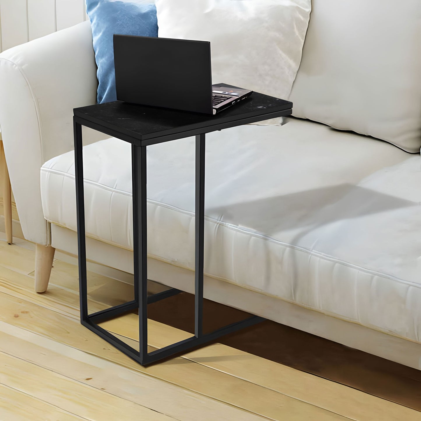 Side table for laptop, coffee table, C-shaped, black marble, ModernHome