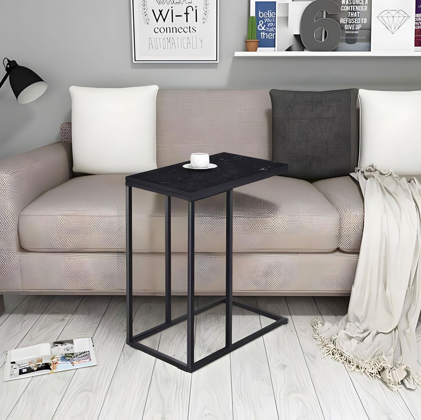 Side table for laptop, coffee table, C-shaped, black marble, ModernHome