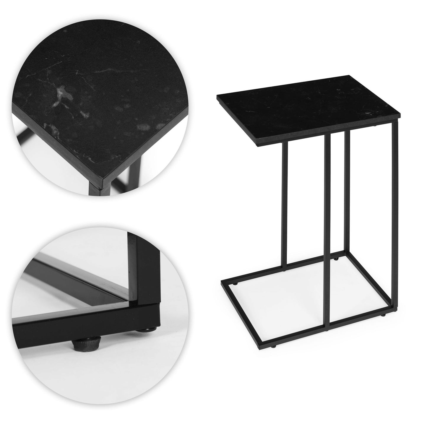 Side table for laptop, coffee table, C-shaped, black marble, ModernHome