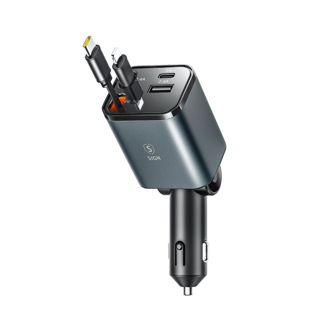 Sign 4-i-1 billaddare 30W med utdragbara USB-C/Lightning-kablar