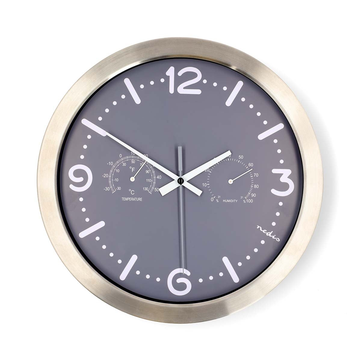 Silent Wall Clock, 300mm, Stainless Steel, Thermometer