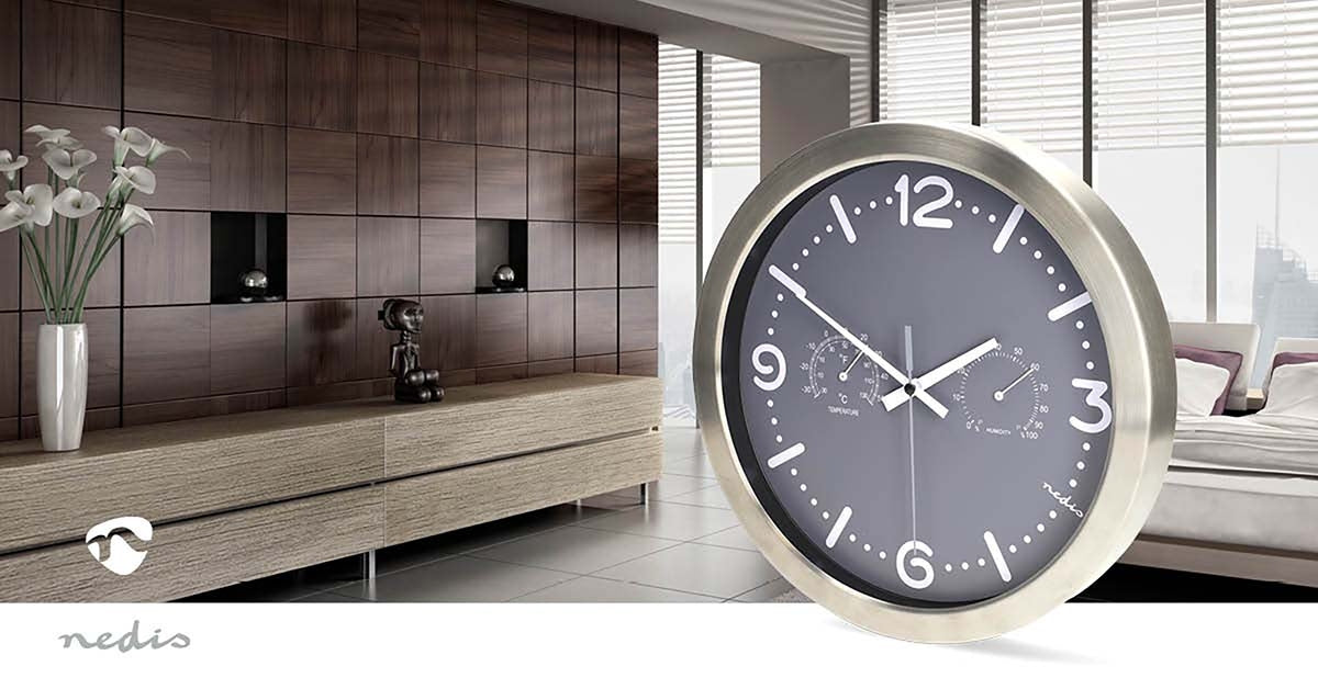 Silent Wall Clock, 300mm, Stainless Steel, Thermometer