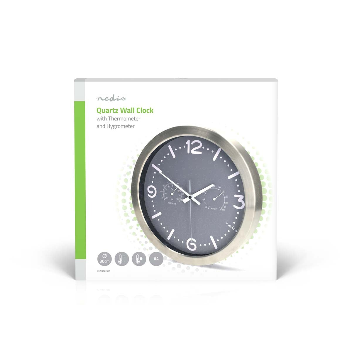 Silent Wall Clock, 300mm, Stainless Steel, Thermometer