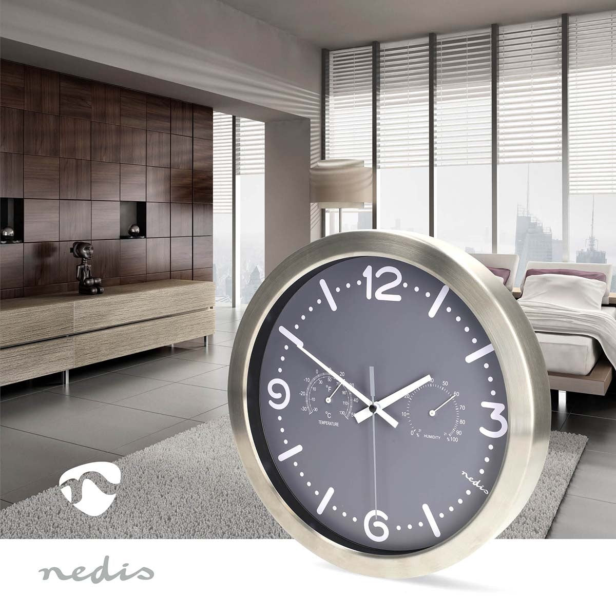 Silent Wall Clock, 300mm, Stainless Steel, Thermometer