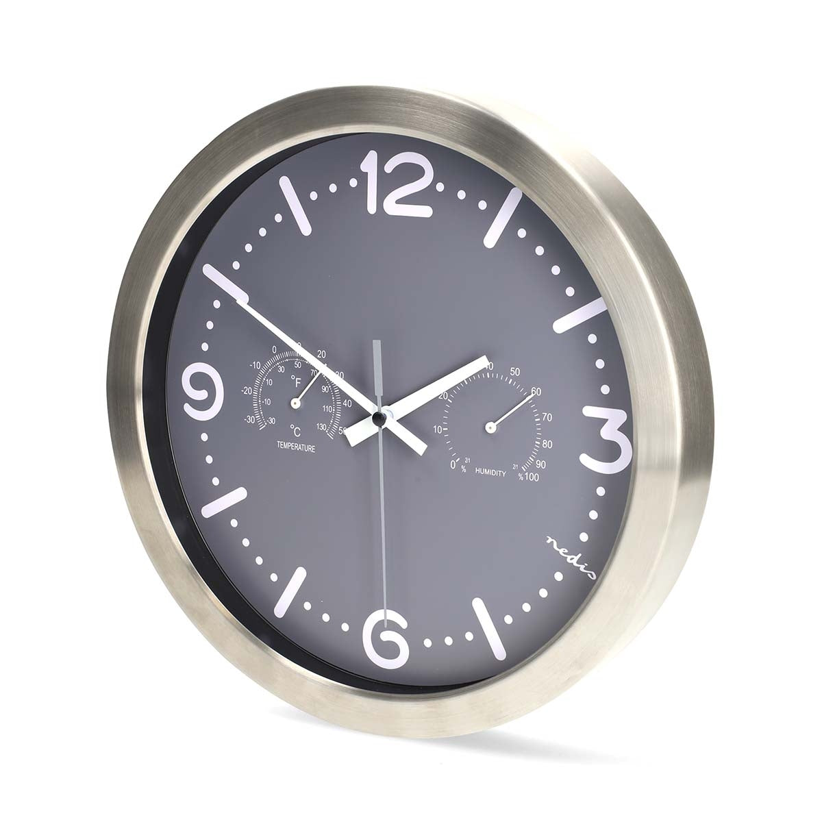 Silent Wall Clock, 300mm, Stainless Steel, Thermometer