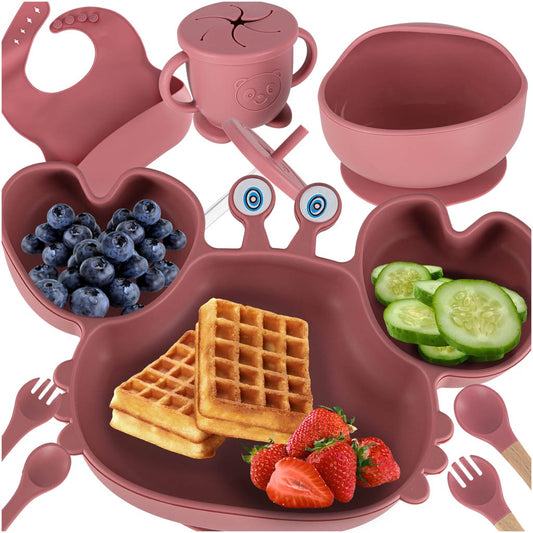 Silicone Baby Feeding Set, 9-Piece Crab, Dark Pink