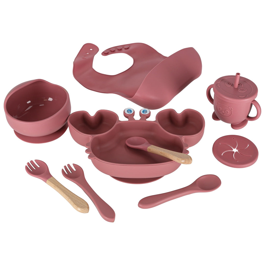 Silicone Baby Feeding Set, 9-Piece Crab, Dark Pink