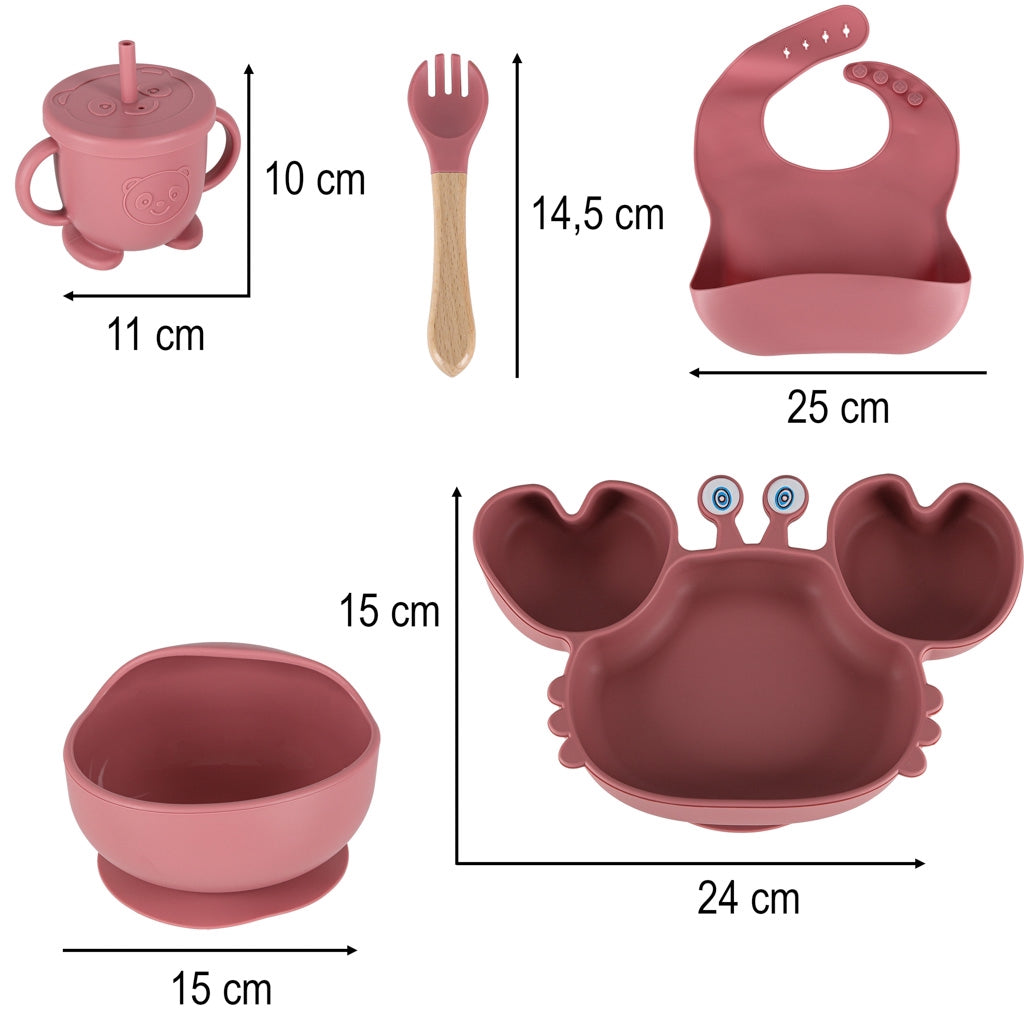 Silicone Baby Feeding Set, 9-Piece Crab, Dark Pink