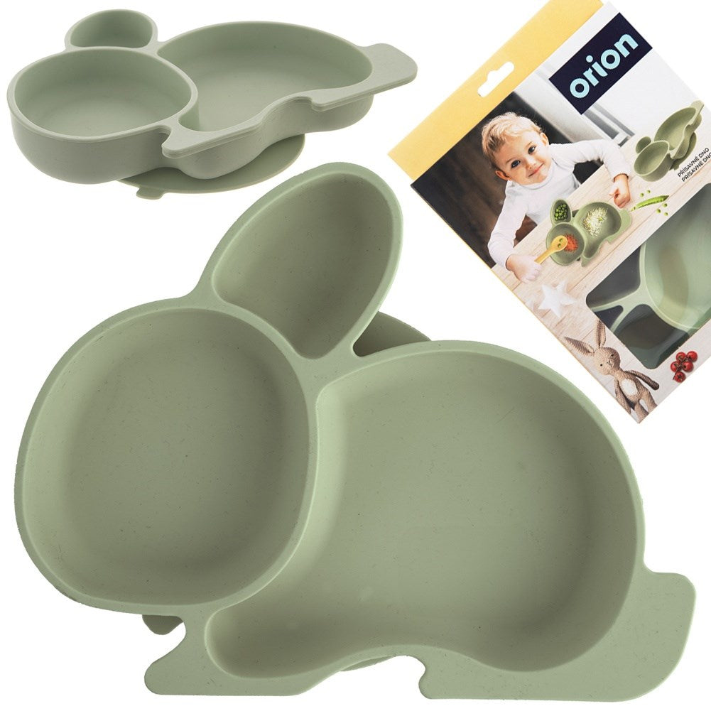 Silicone plate for children, divided, green bunny, 23x18.5x3.5 cm