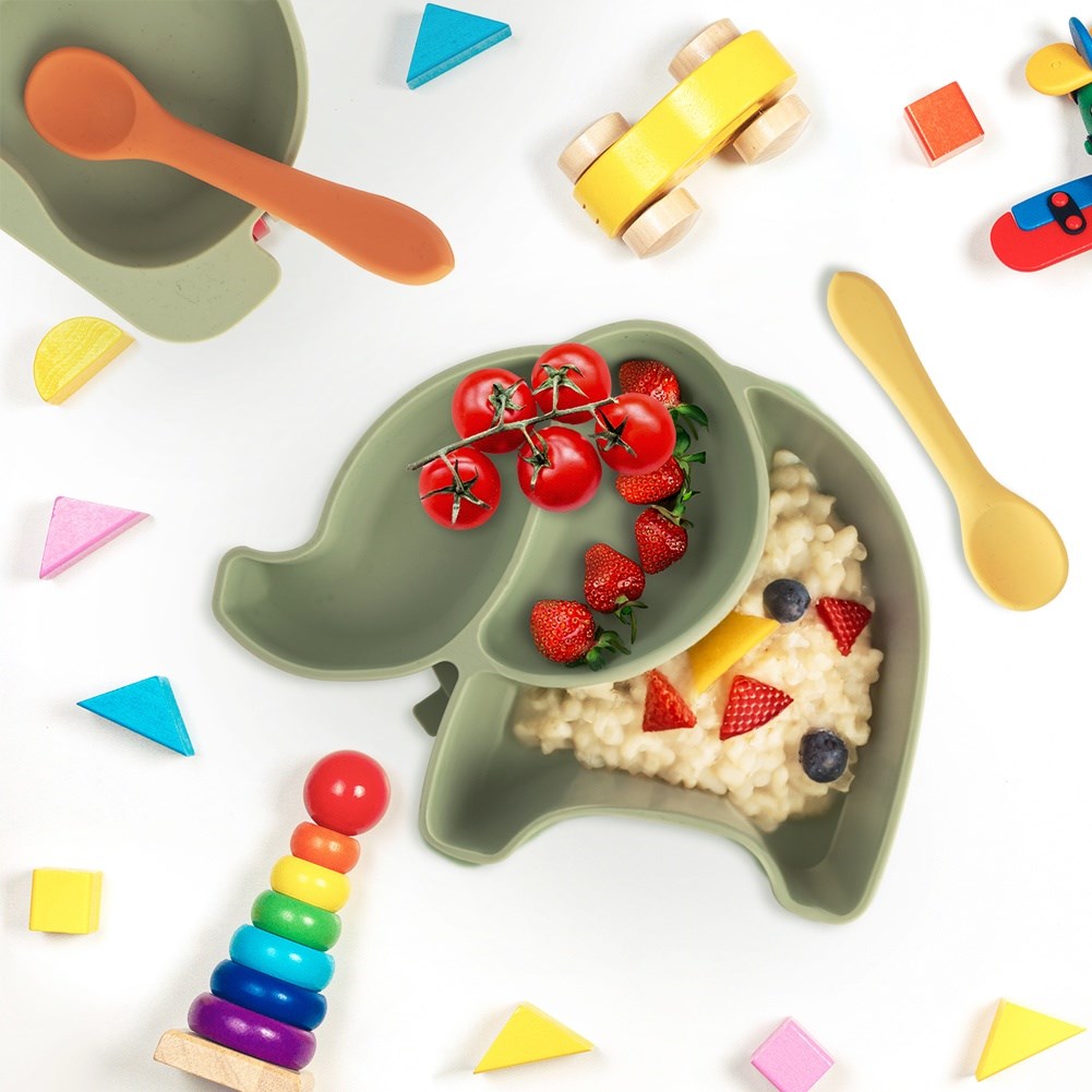 Silicone plate for children, divided, green elephant, 23.5x19x3.5 cm