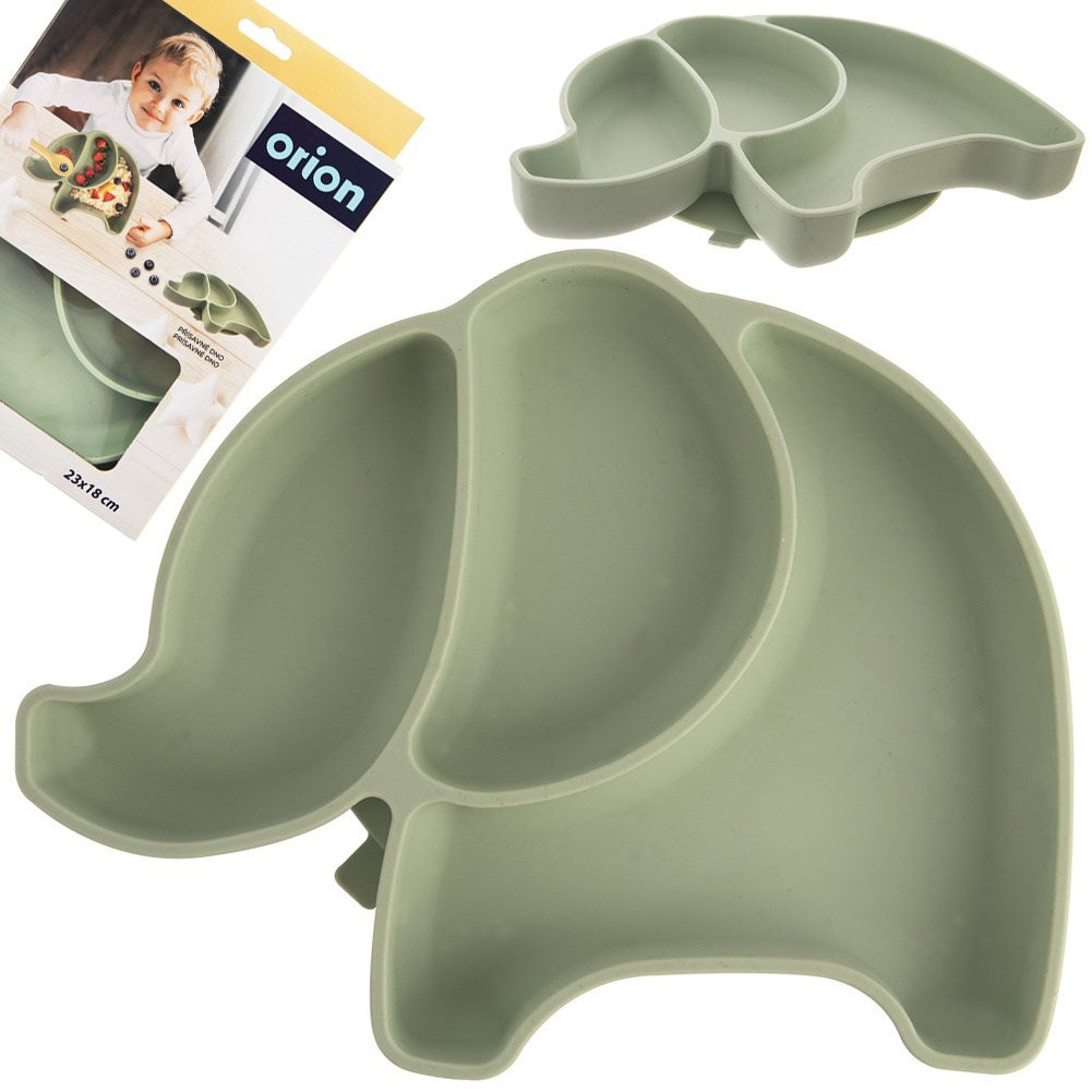Silicone plate for children, divided, green elephant, 23.5x19x3.5 cm