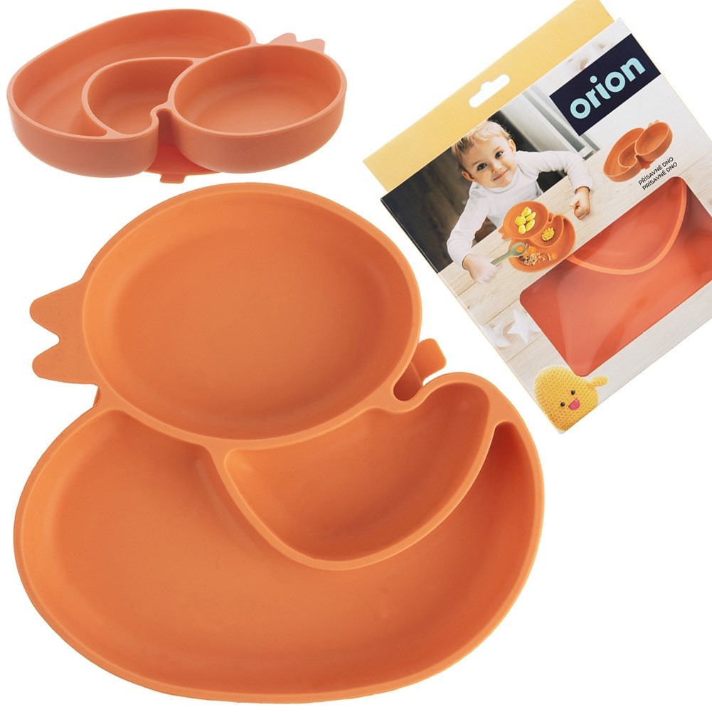 Silicone plate for children, divided, orange duck, 19.5x19 cm