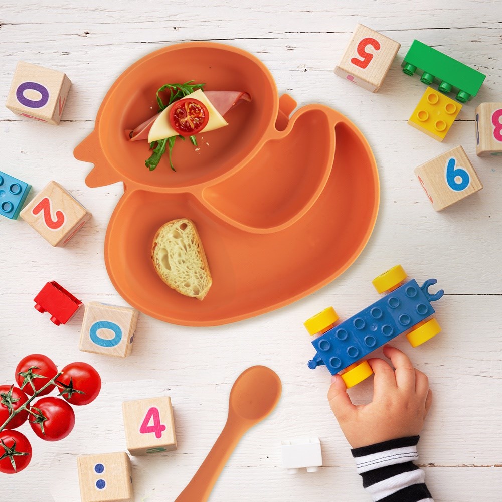 Silicone plate for children, divided, orange duck, 19.5x19 cm