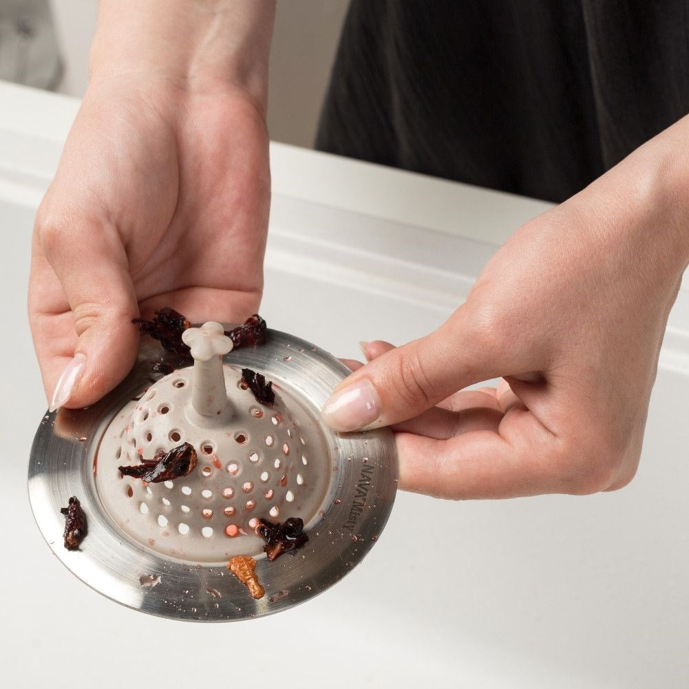 Silicone strainer for sink, stainless edge, prevents drain blockages