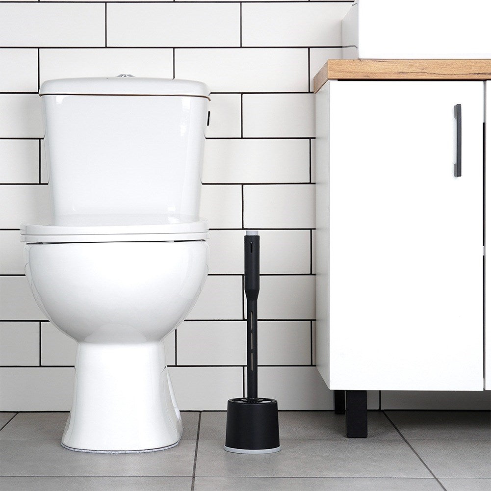 Silicone toilet brush with stand and liquid dispenser black 40 cm