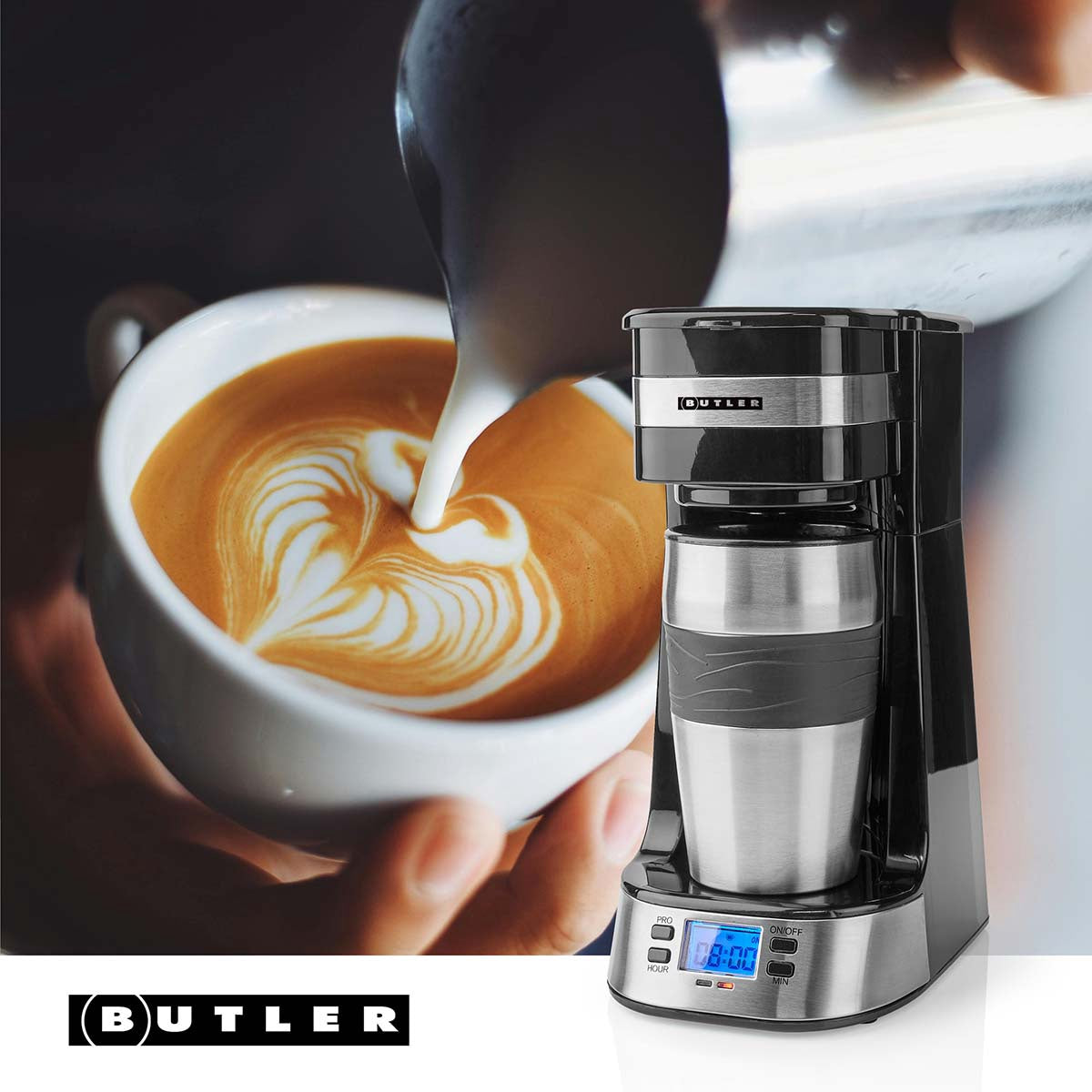 Single-Serve Coffee Maker, 0.4L, Timer, Travel Mug, Black
