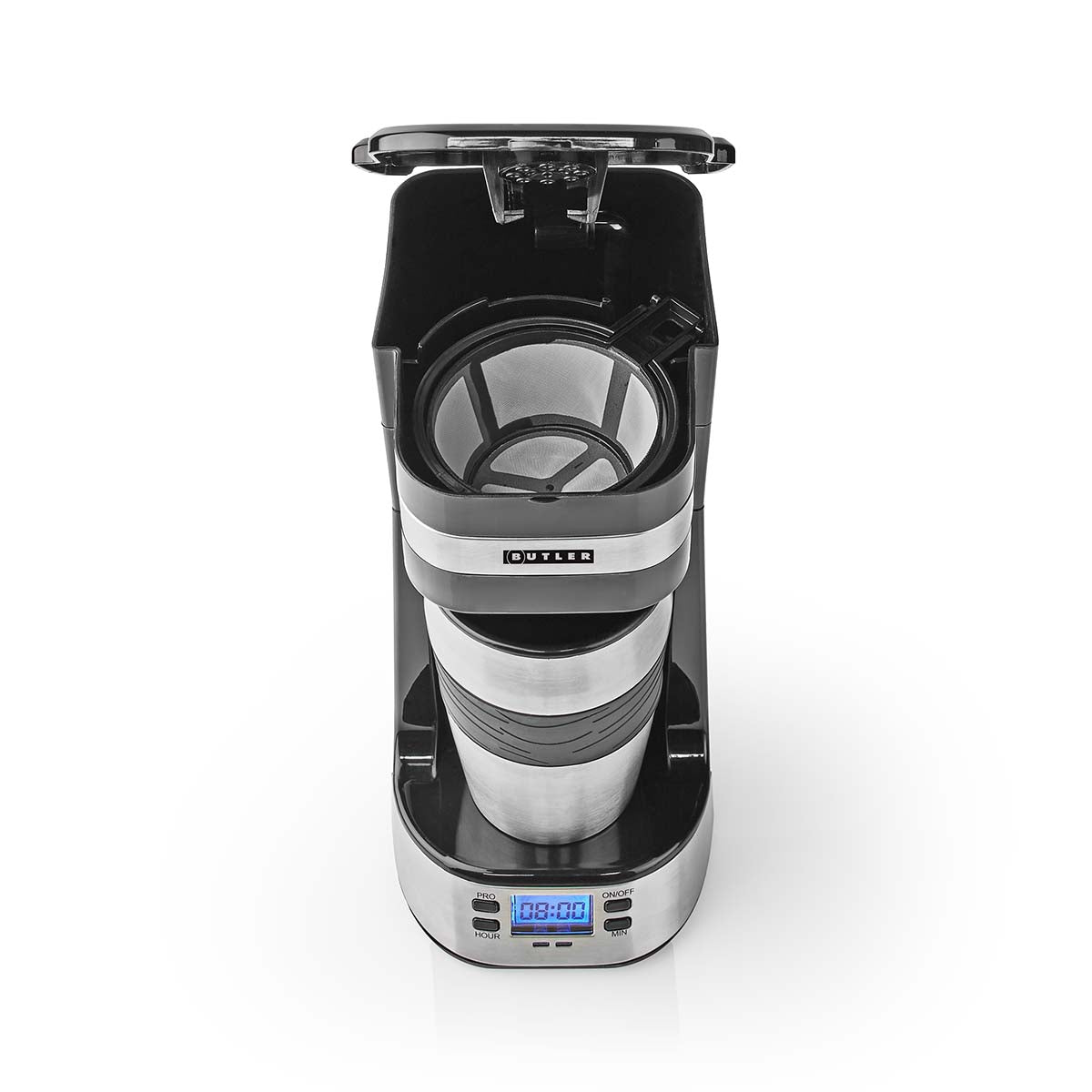 Single-Serve Coffee Maker, 0.4L, Timer, Travel Mug, Black