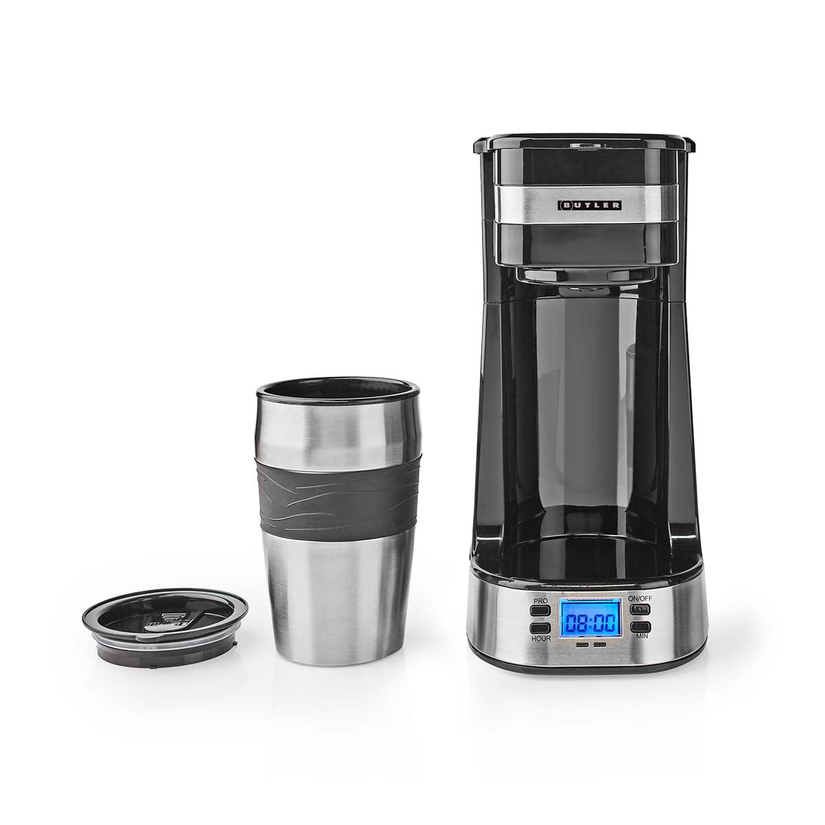 Single-Serve Coffee Maker, 0.4L, Timer, Travel Mug, Black