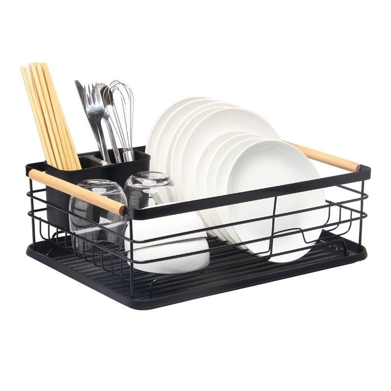 Single-tier dish drying rack, drainer with wooden handles, tray, black