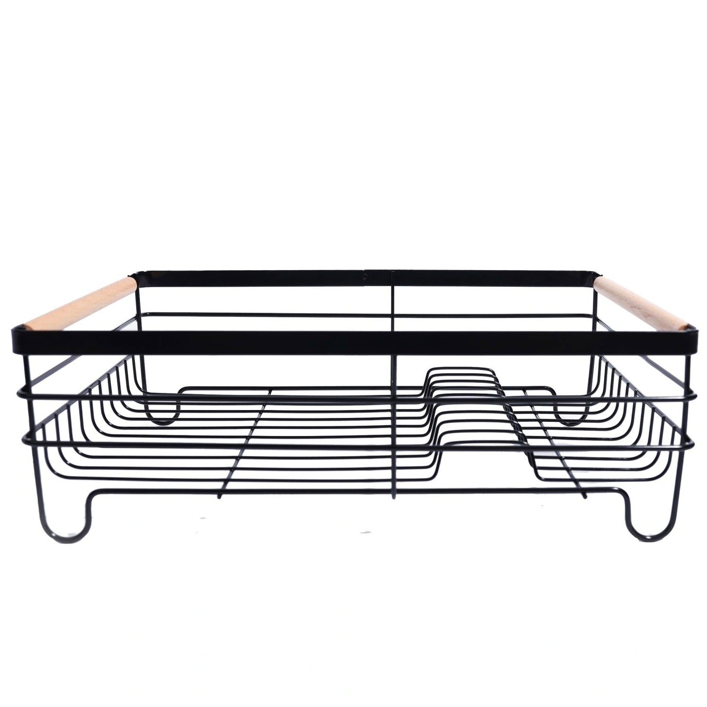 Single-tier dish drying rack, drainer with wooden handles, tray, black