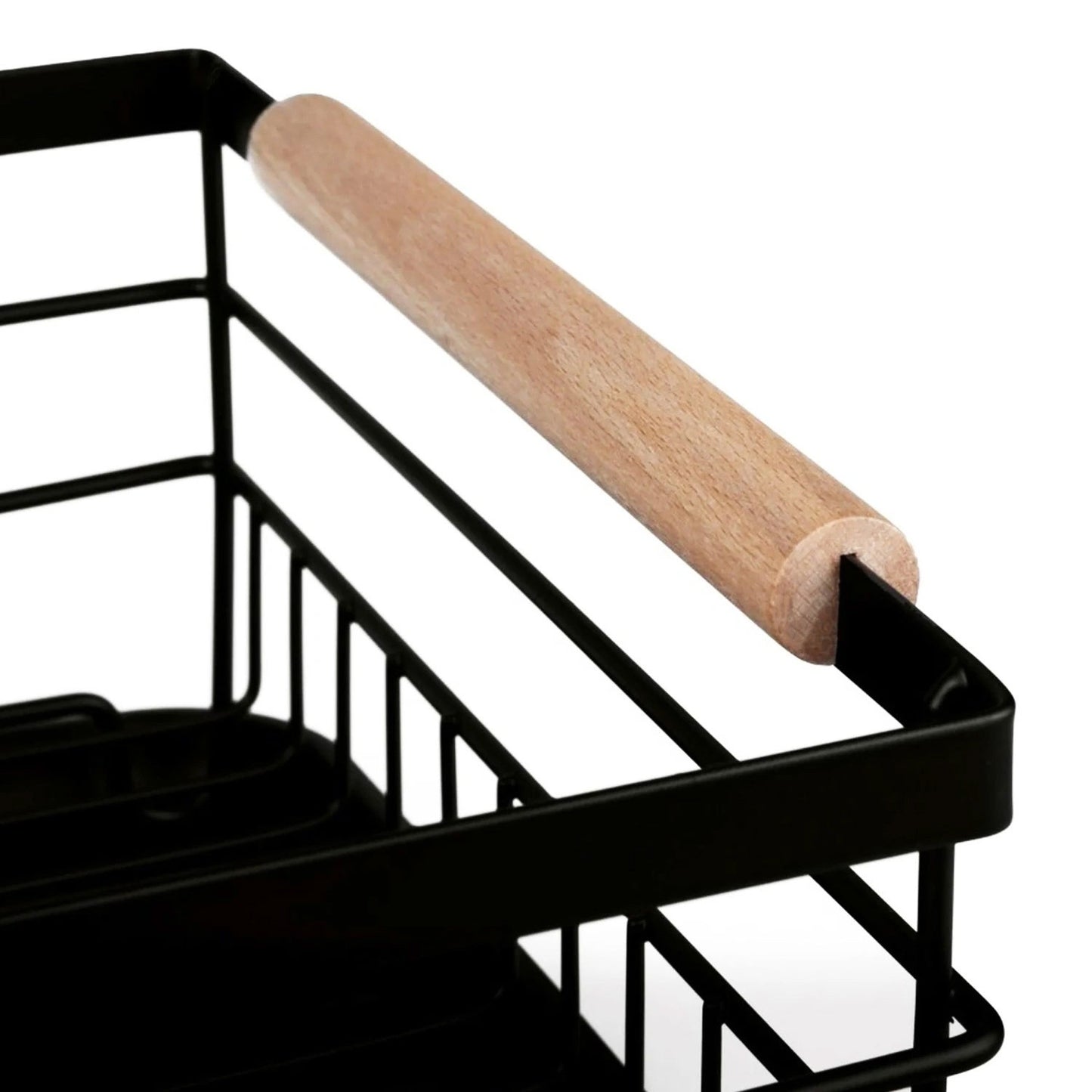Single-tier dish drying rack, drainer with wooden handles, tray, black