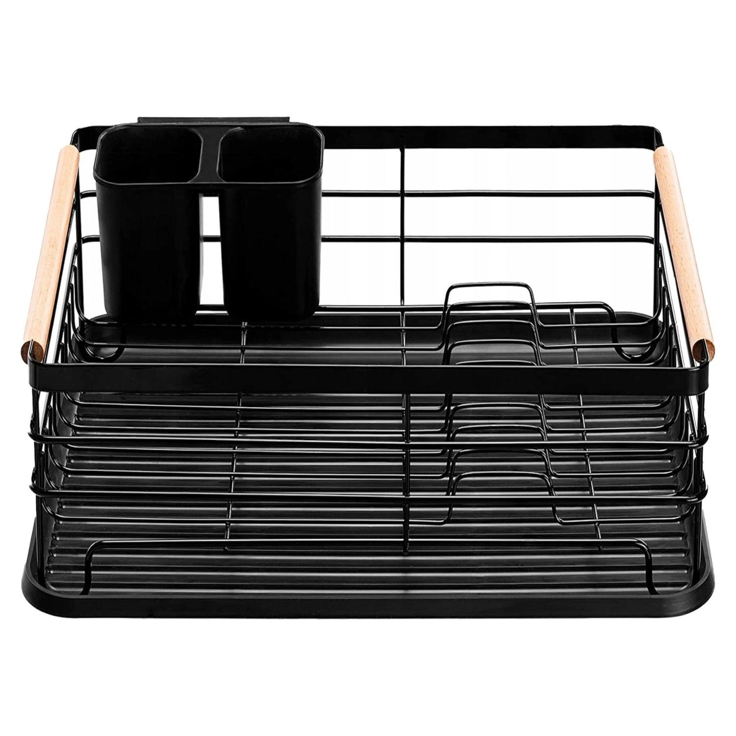 Single-tier dish drying rack, drainer with wooden handles, tray, black