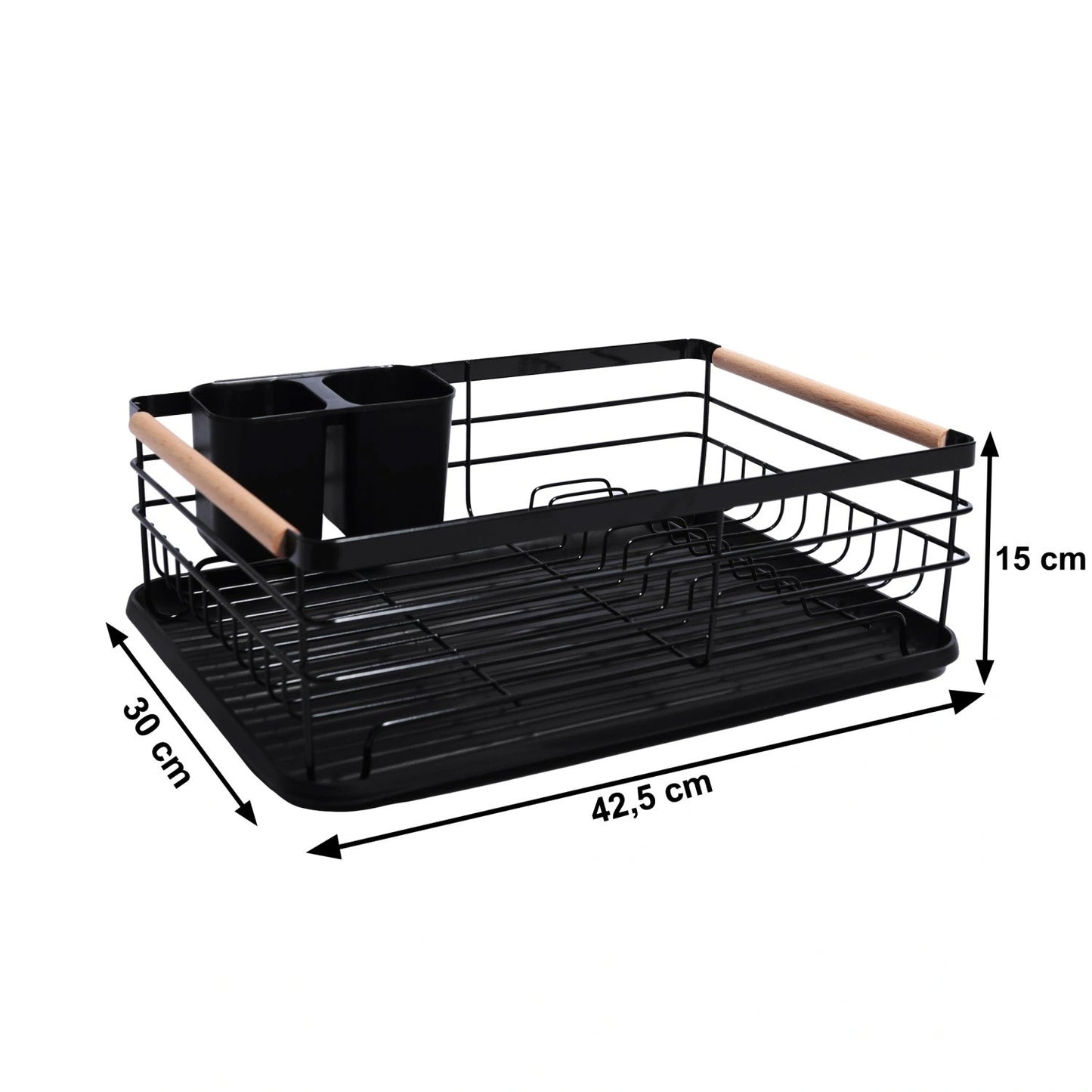 Single-tier dish drying rack, drainer with wooden handles, tray, black