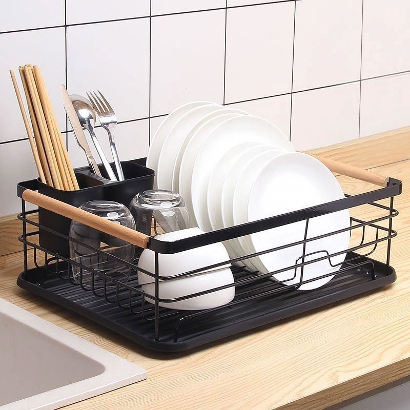 Single-tier dish drying rack, drainer with wooden handles, tray, black