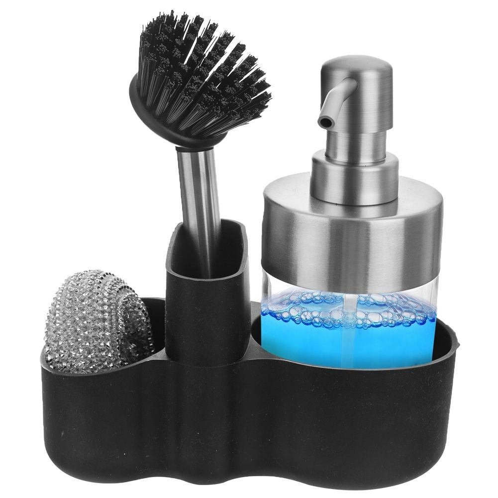 Sink organizer with detergent pump and storage