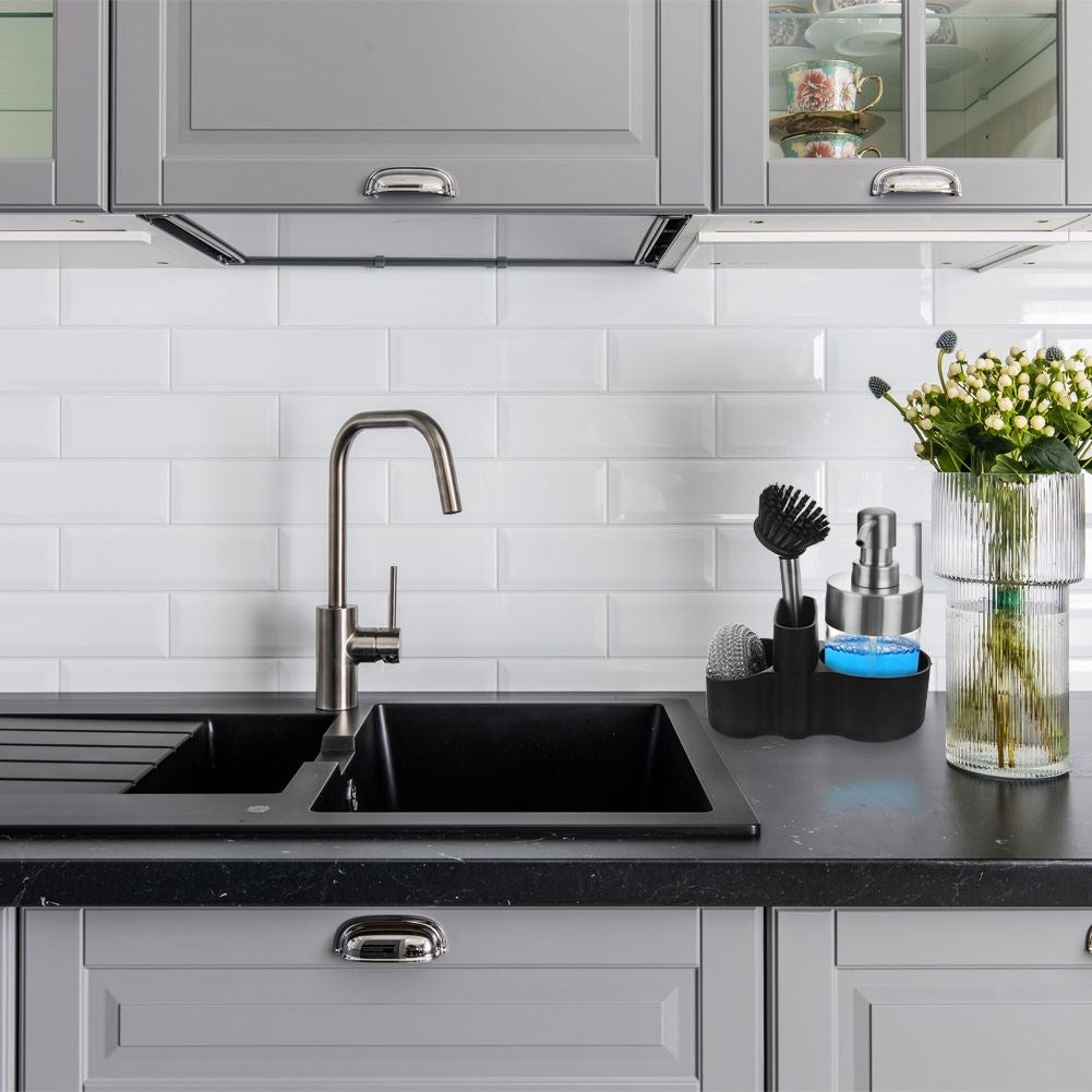 Sink organizer with detergent pump and storage