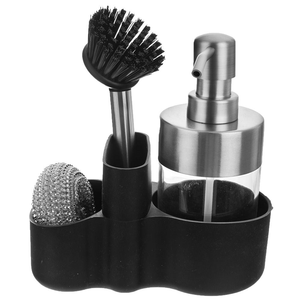Sink organizer with detergent pump and storage
