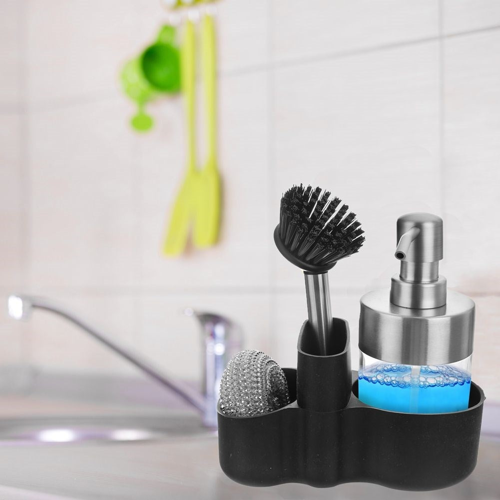 Sink organizer with detergent pump and storage