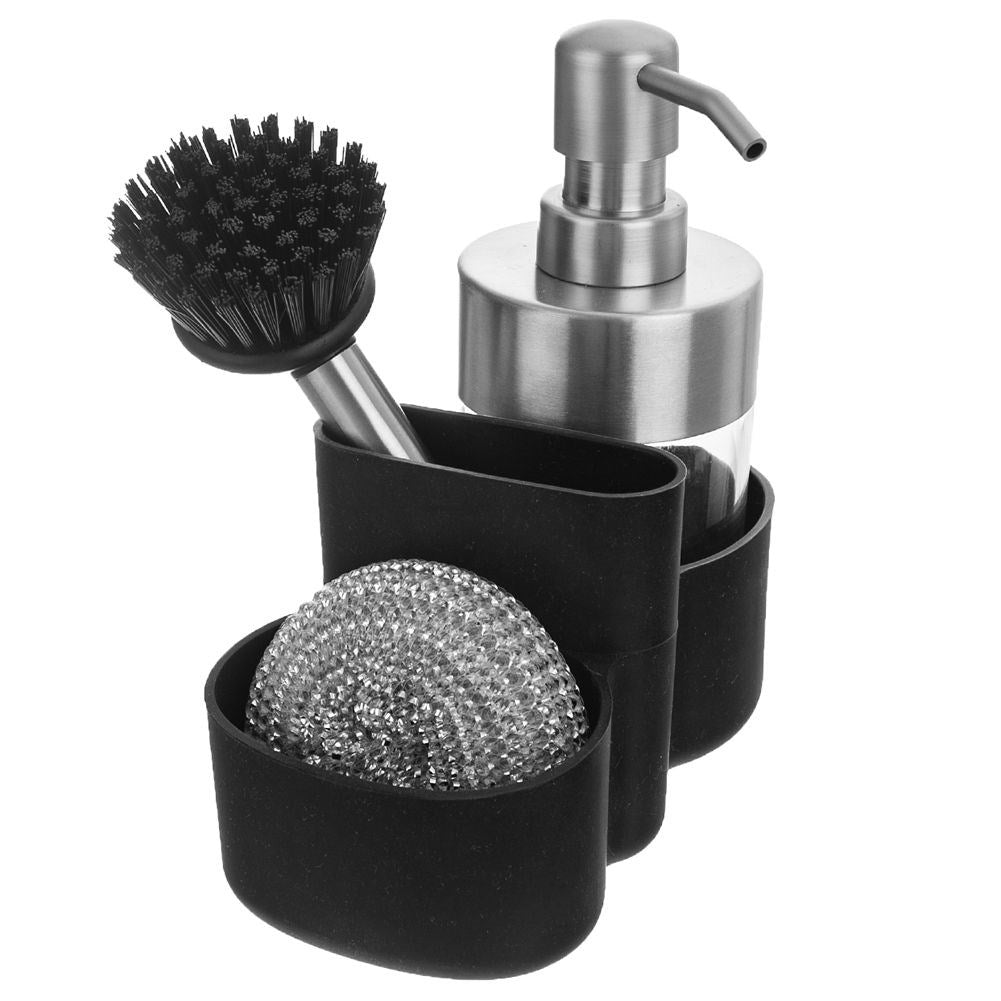 Sink organizer with detergent pump and storage