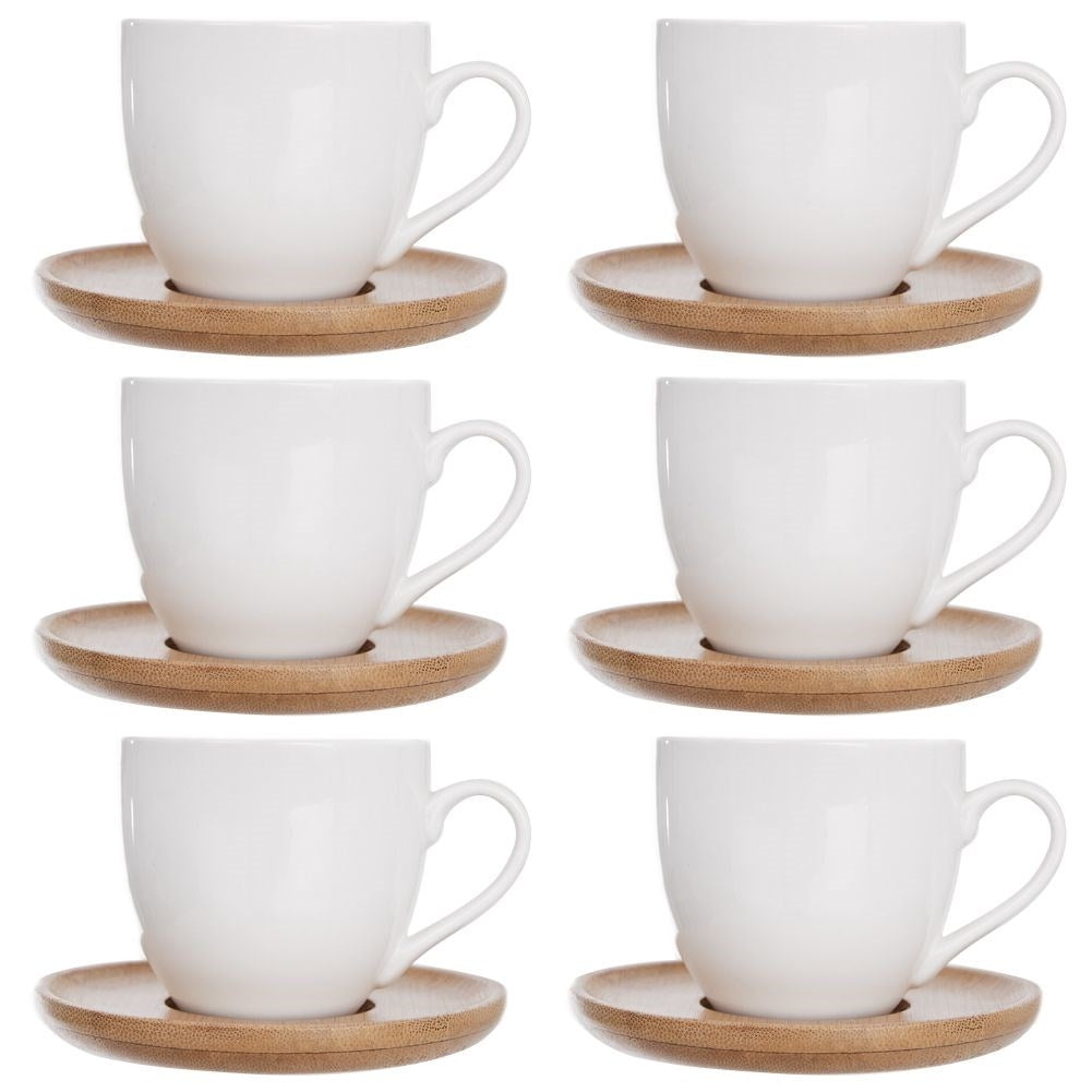 Six Porcelain Cups with Bamboo Saucers in Gift Box